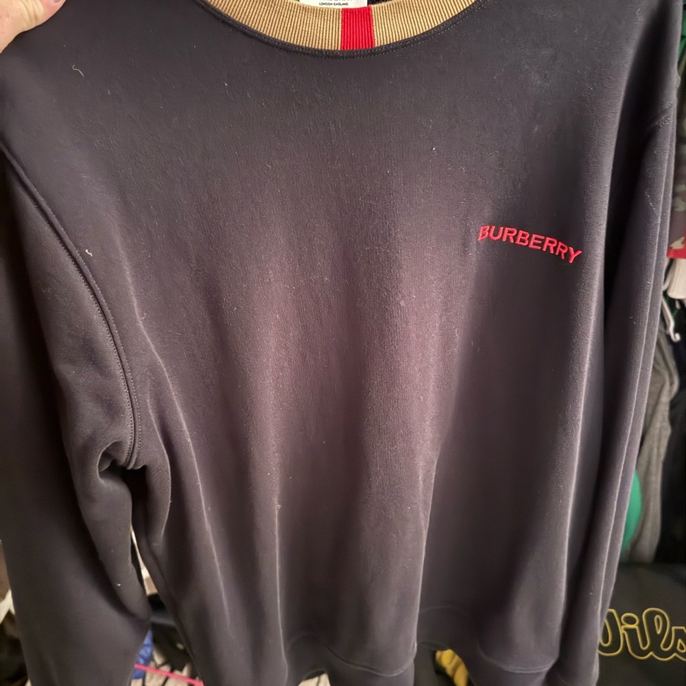 Burberry Black Sweater with Tan Collar and Red Stripe